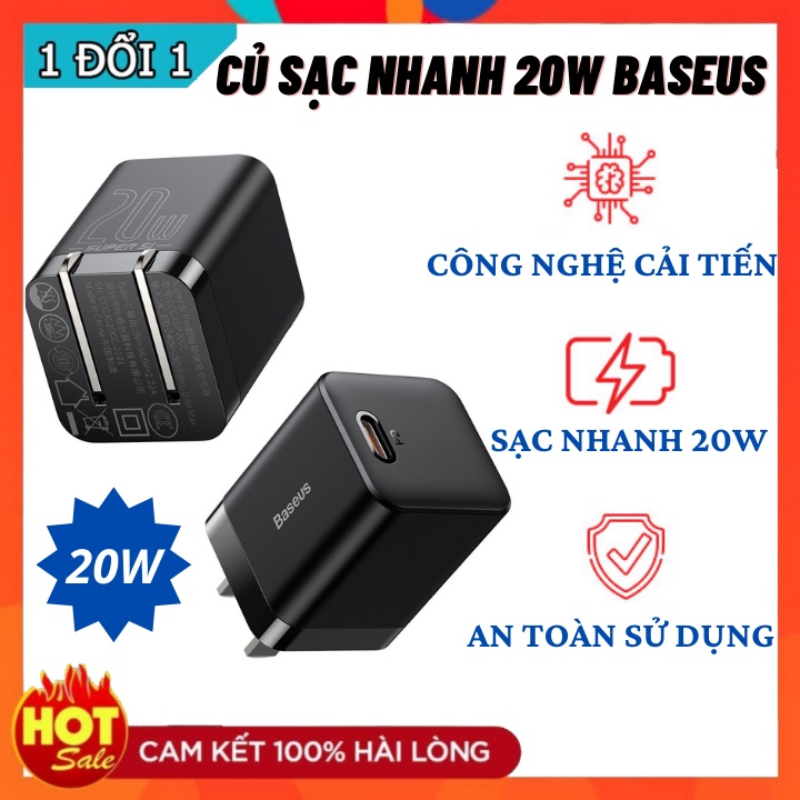 Củ sạc nhanh Baseus U+C 20W, Củ sạc nhanh (PD/ QC/ PPS/ SCP/ FCP Multi Quick Charge - Bảo hành 12 tháng