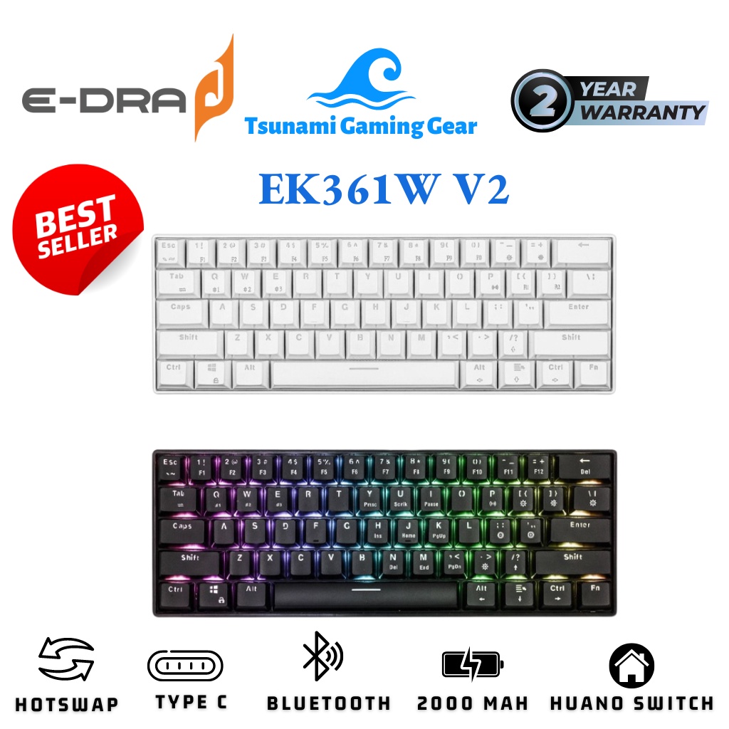 Bàn phím cơ E-DRA EK361W V2 RGB/ Huano switch/ Bluetooth/ USB type C rời chính hãng/ MAC Layout