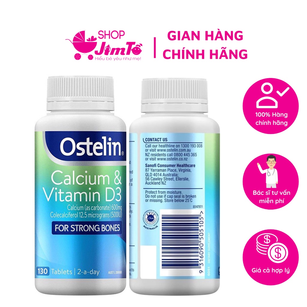 Ostelin Vitamin D Calcium Bổ Sung Canxi Và Vitamin D Cho Phụ Nữ Mang Thai lọ 130 viên
