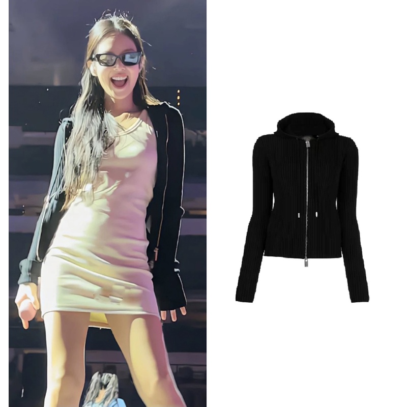 Áo Khoác Cardigan Dệt Kim Tay Dài Dáng Ôm Màu Đen Phối Khóa Kéo Và Dây Rút Phong Cách Vintage