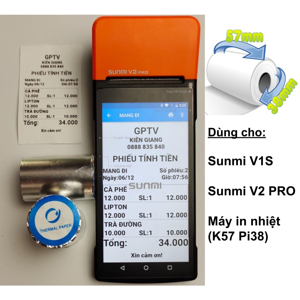 Giấy in nhiệt cho SUNMI V1S/V2/V2 PRO máy in nhiệt K57 Pi 38 máy POS cầm tay