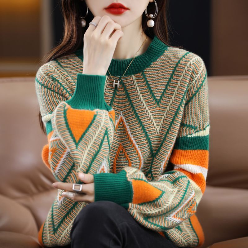 Áo Sweater Cổ Tròn Tay Dài Dáng Rộng Màu Sắc Tương Phản Phong Cách Phương Tây Dành Cho Nữ