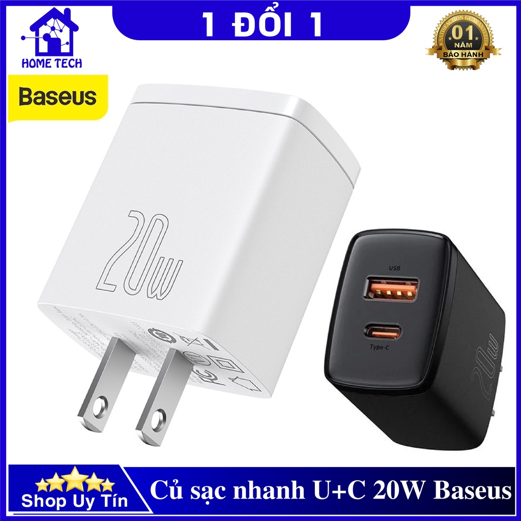 Cốc Sạc Nhanh Baseus U+C 20W Compact Quick Charger Chính Hãng, 2 Cổng USB + Type C sạc siêu nhanh, siêu bền