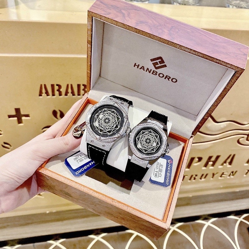 0-7 Đồng hồ Đôi Nam Nữ Hanboro Huboler chính hãng 42mm - 36mm máy Automatic Japan, viền full đá cao cấp