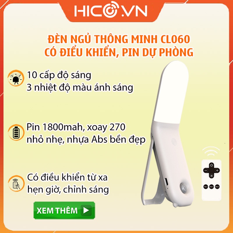 Đèn Ngủ Thông Minh CL060 cảm ứng chạm xoay 270 – đổi màu thông minh Có Pin Dự Phòng 1800mAh