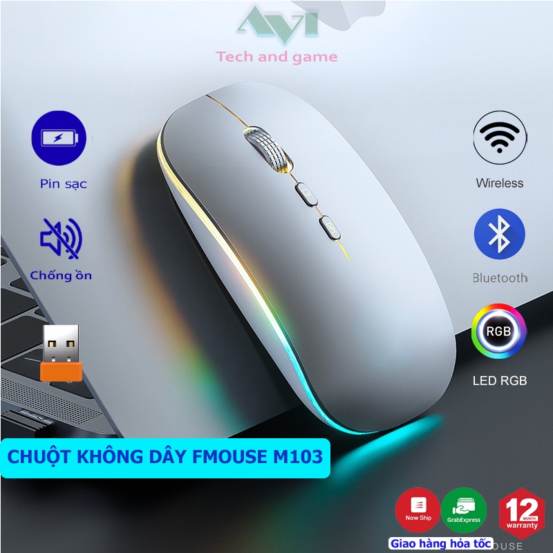 Chuột Không Dây Bluetooth FMOUSE M103 pin sạc không ồn LED RGB cho máy tính - Hàng Chính Hãng