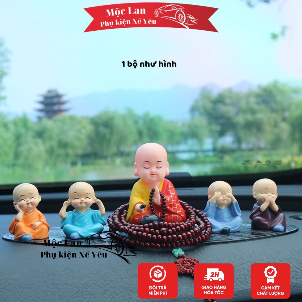 Sét 5 chú tiểu hòa thượng trang trí taplo - bộ tứ không - ở đâu có phật ở đó có bình an - Mộc Lan Phụ Kiện Xế Yêu