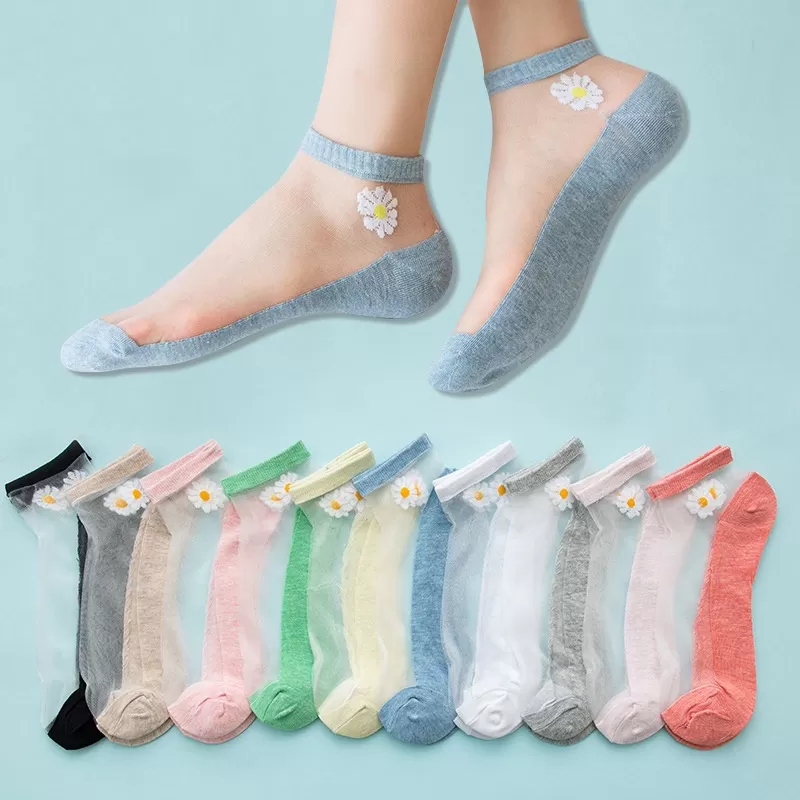Set 5 Đôi Vớ Trong Suốt Siêu Mỏng Họa Tiết Hoa Cúc Phong Cách Harajuku Dễ Thương Thời Trang Mùa Hè Cho Nữ