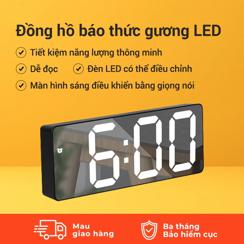 Đồng hồ báo thức gương LED gương đơn giản có đèn led âm thanh cắm pin đồng hồ báo thức kỹ thuật số công dụng kép