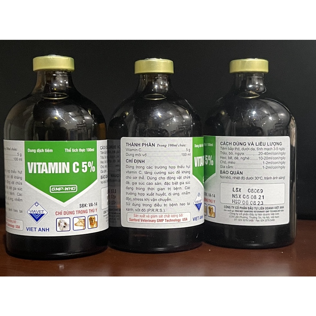 VITAMIN C 5% Tăng cường đề kháng cho vật nuôi. VTMC dùng trong dị ứng, nhiễm độc, stress.... Vtm C