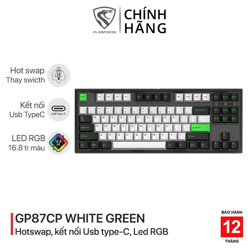 Bàn phím cơ chơi game có dây FLEsport GP87CP White & Green - Hotswap - Led RGB - Kết nối USB - Kailh Box switch