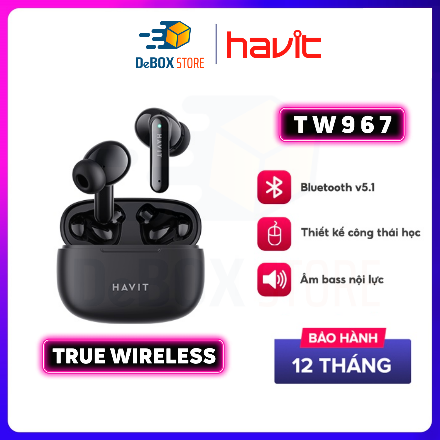 Tai Nghe Bluetooth Không Dây TWS Havit TW967 BT 5.1, Thiết Kế Công Thái Học, Driver 10mm, Nghe Nhạc Đến 5H, Nhiều Màu Sắc  - Chính Hãng Bảo Hành 12 Tháng