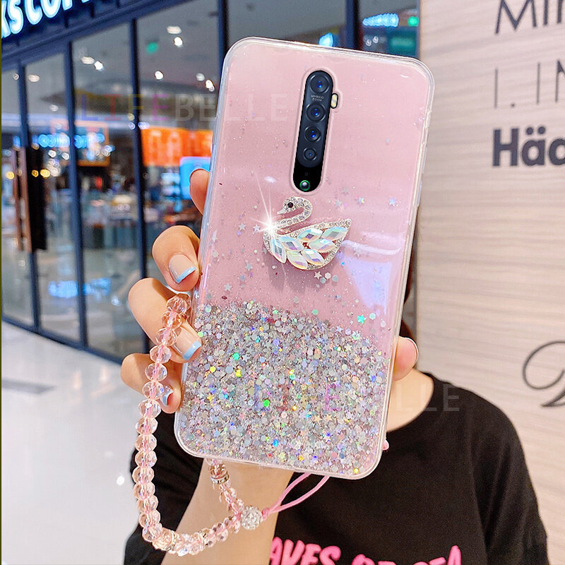 Ốp Lưng LIFEBELLE Ốp Cho OPPO Reno 2F /Reno 2Z + Dây Đeo Cổ Tay, Ốp Điện Thoại Trong Suốt Lấp Lánh Hình Thiên Nga Đính Kim Cương Giả Sang Trọng 3D Ốp Lưng Nữ Silicone TPU Mềm Ốp Màu Đen Bảo Vệ Chống Sốc