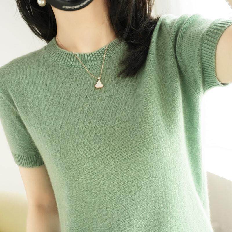Mùa Hè Áo Vest Đan Của Phụ Nữ O-Cổ Áo Chui Ngắn Tay Áo Lửng Áo Len Đồ Mặc Ngoài Dệt Kim Tay Ngắn Đáy Áo Sơ Mi