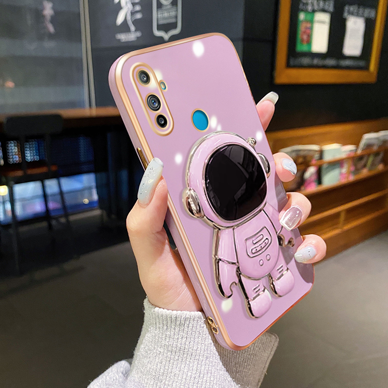 YIWESAN Ốp Cho Realme C3 C2 Ốp Lưng Có Giá Đỡ Điện Thoại Gấp Được Hình Phi Hành Gia Dễ Thương Thời Trang Ốp Lưng Mỏng Họa Tiết Mạ Vỏ Ống Kính Toàn Bộ Ốp Mềm Chống Sốc Bảo Vệ Máy Ảnh