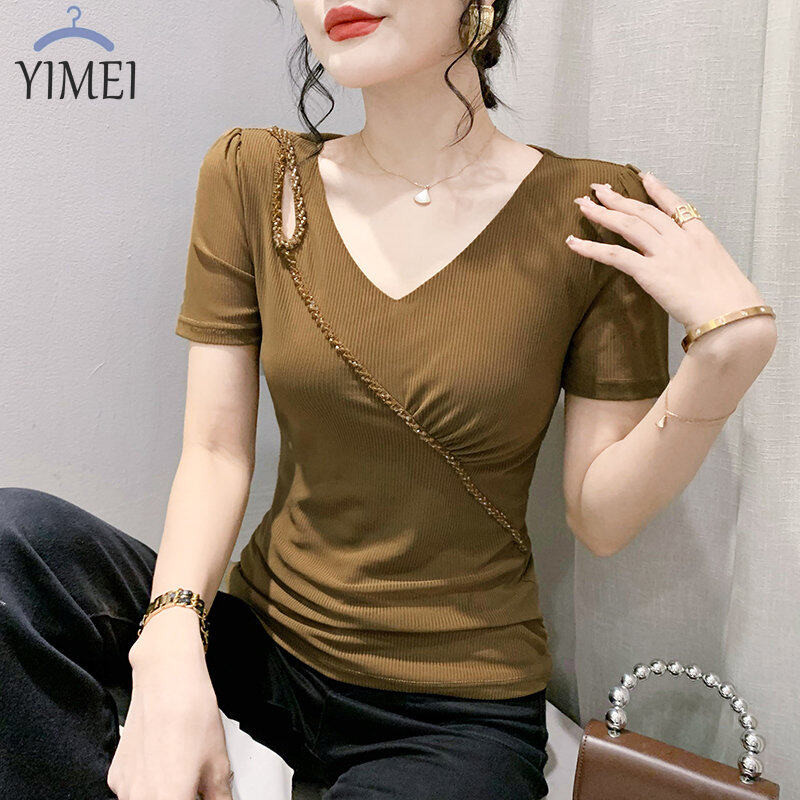 Yimei Áo Thun Nữ xinh đẹp áo áo lưới đính cườm cổ chữ V mùa hè 2023 Áo Thun Tay Áo bong bóng han thời trang cho nữ áo lót mỏng cho nữ xu hướng