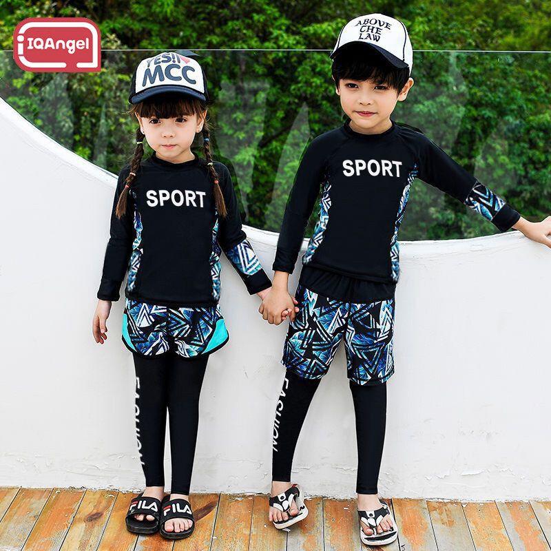 IQANGEL Đồ Bơi Bé Trai, Tay Dài Xẻ Tà, Quần Dài, Bộ Ba Mảnh Chống Nắng, Trẻ Em, Bé Gái, Học Sinh, Đồ Bơi Nhanh Khô 1 đồ bơi cho bé trai