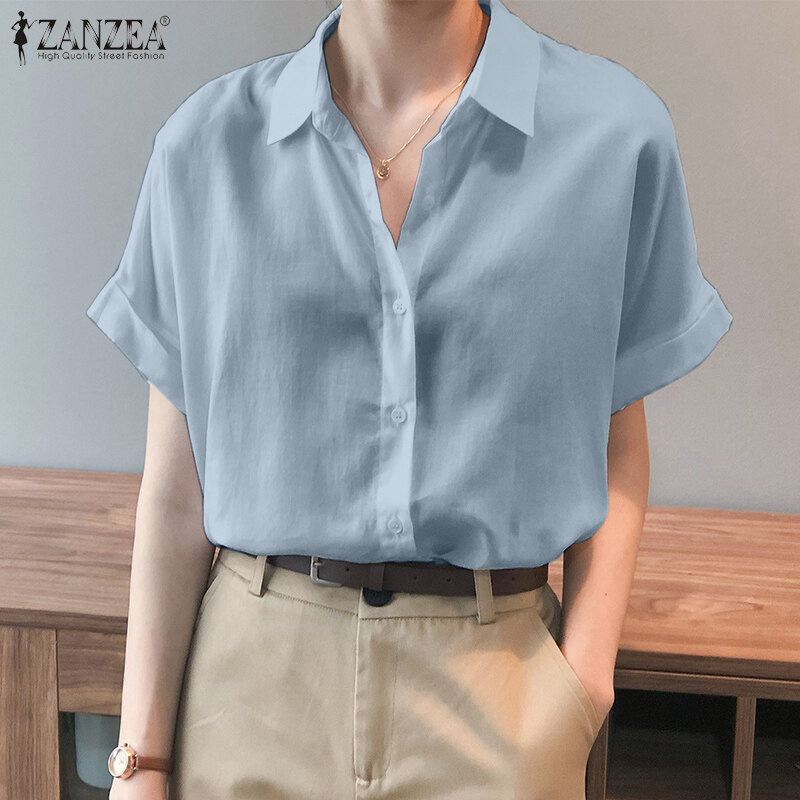 MOMONACO ZANZEA Muslimah Áo Sơ Mi Công Sở Công Sở Văn Phòng Hồi Giáo Cho Nữ Áo Cánh Dáng Rộng Cao Thấp Viền Bất Đối Xứng MCO Mới