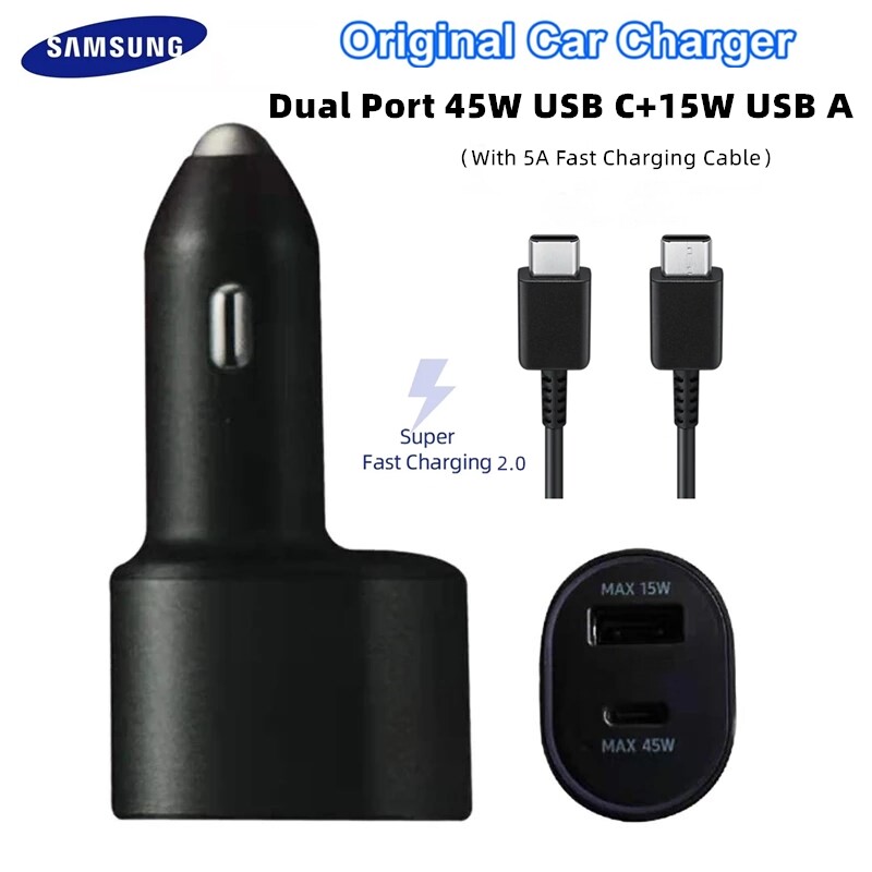 Cổng kép siêu nhanh Samsung chính hãng  sạc điện dùng trên xe hơi Galaxy S23 Ultra S23 + S22 Ultra S20 Ultra S21 S20 FE Note 10 Plus Note 20 TypeC PD thiết bị sạc nhanh với 5A USB C cabl