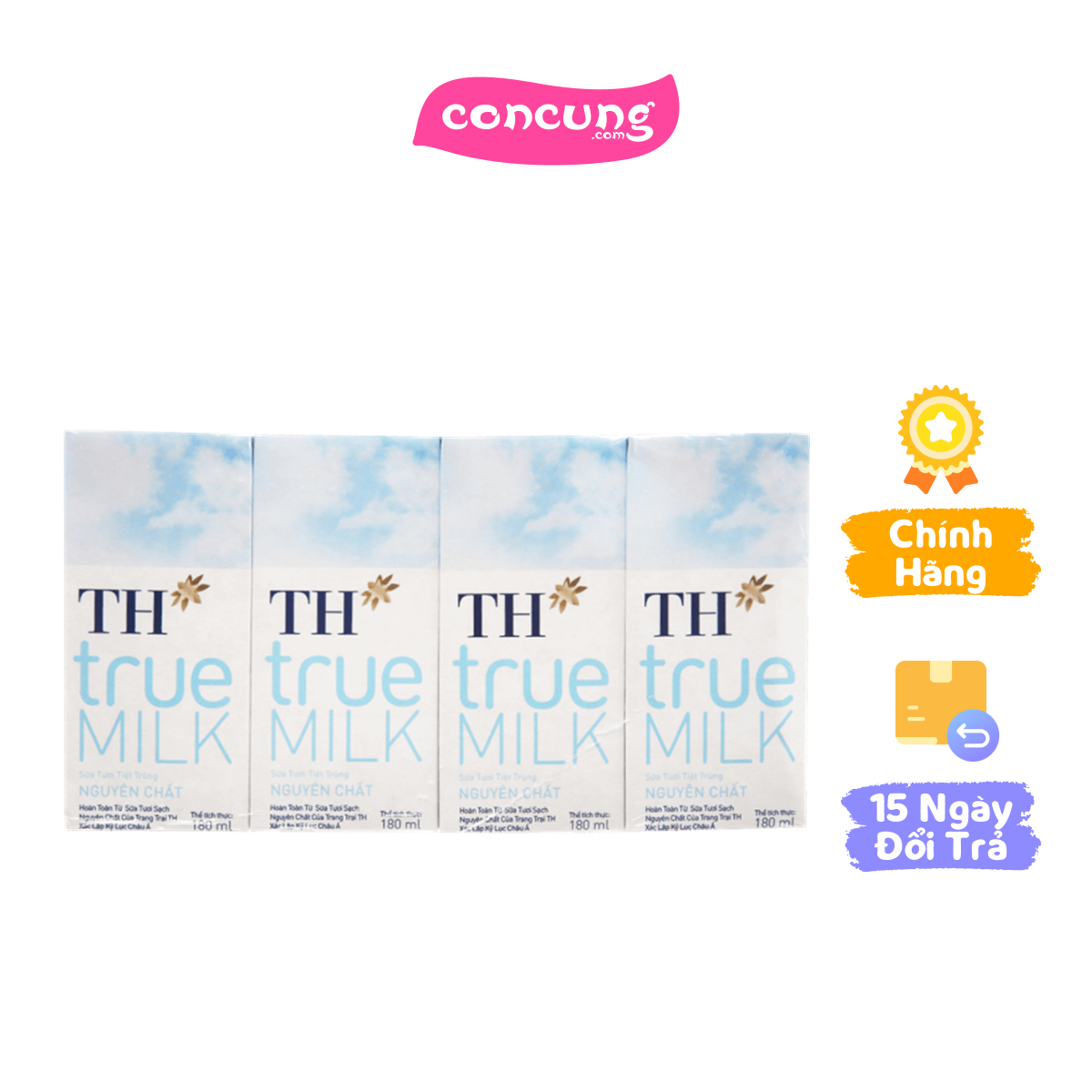 Sữa tươi tiệt trùng nguyên chất TH true Milk 180ml (lốc 4 hộp)