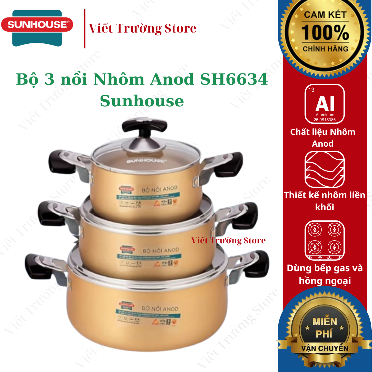 Bộ 3 Nồi Nhôm Anod Sunhouse SH6634N, Đường Kính 16, 20, 24 cm Không Dùng Trên Bếp Từ