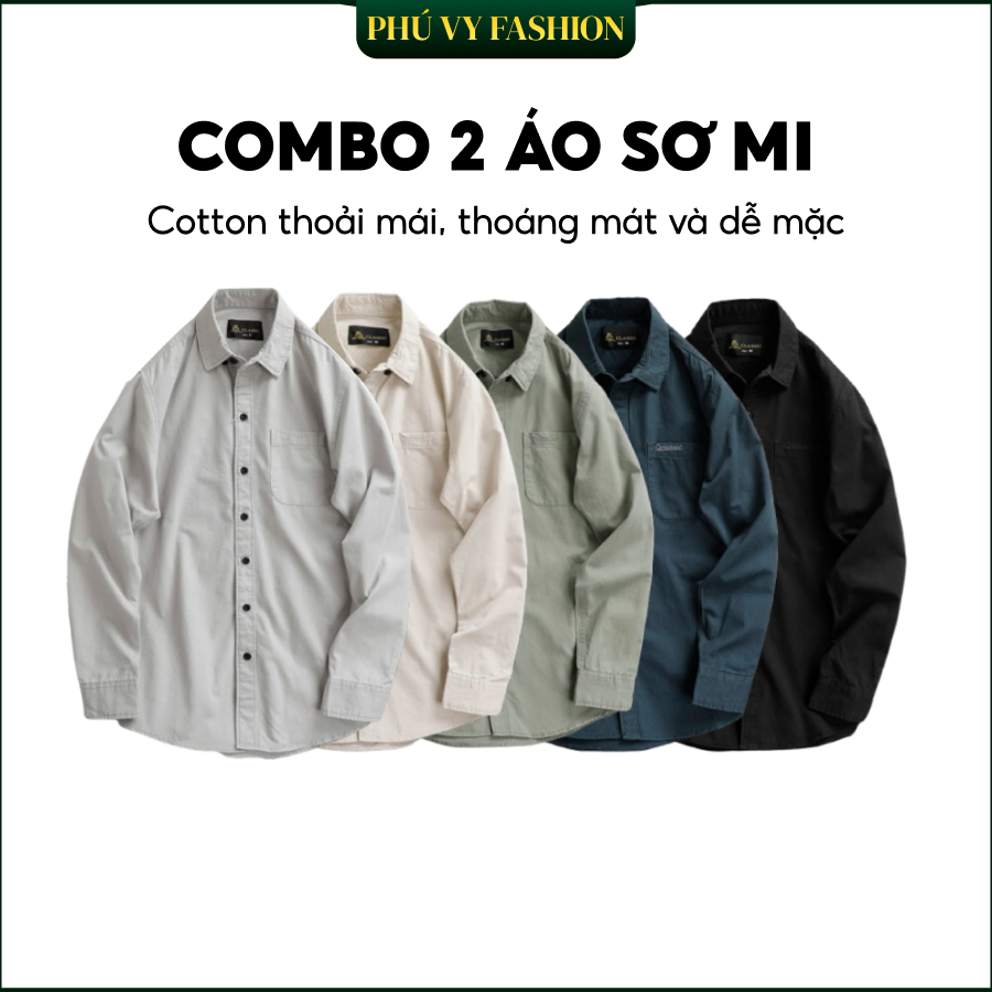 Combo 2 Áo Sơ Mi, Sơ Mi Nam Dài Tay  Fashion Chất Vài Cotton Công Sở Logo Thêu Thanh Lịch  - M,Kem Sáng x Rêu [Xưởng PV]