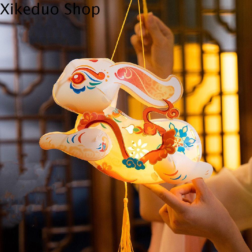 XIKEDUO Thủ công truyền thống Đèn lồng thỏ Trung Quốc với tua rua Di động Đèn lồng thỏ cầm tay Gói vật liệu DIY Chúc may mắn Đồ chơi đèn LED Lễ hội mùa thu giữa năm