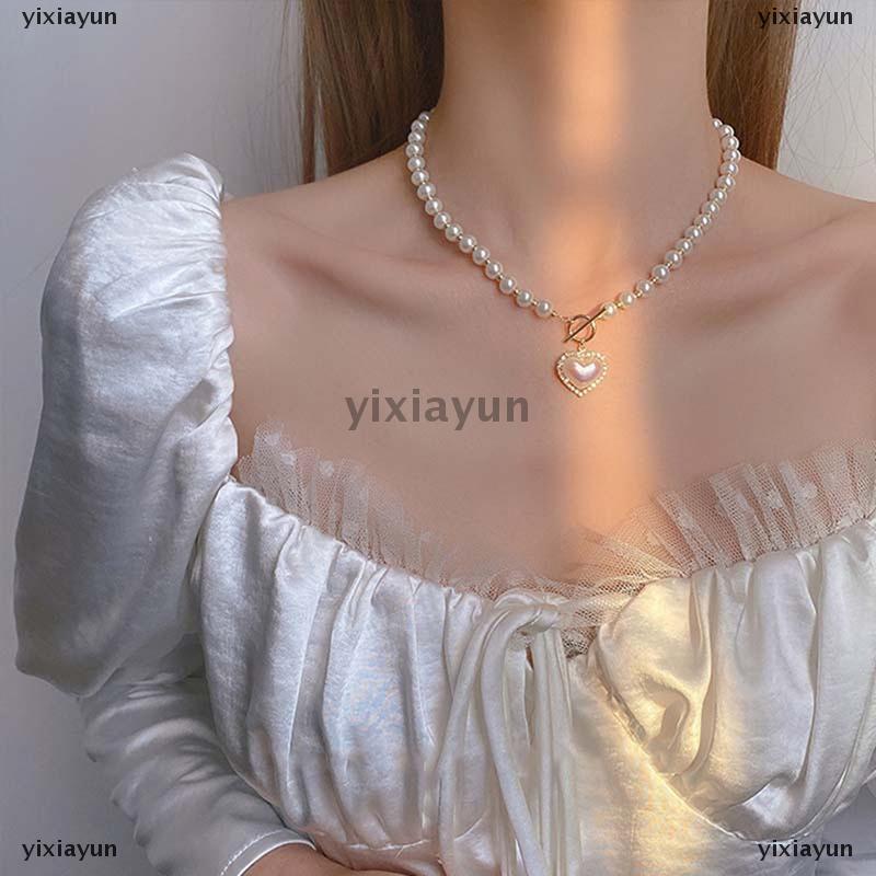 [COD] yixiayun Hàn Quốc trang sức thanh lịch Vòng cổ ngọc trai nữ rhinestone vỏ trái tim Mặt dây chuyền