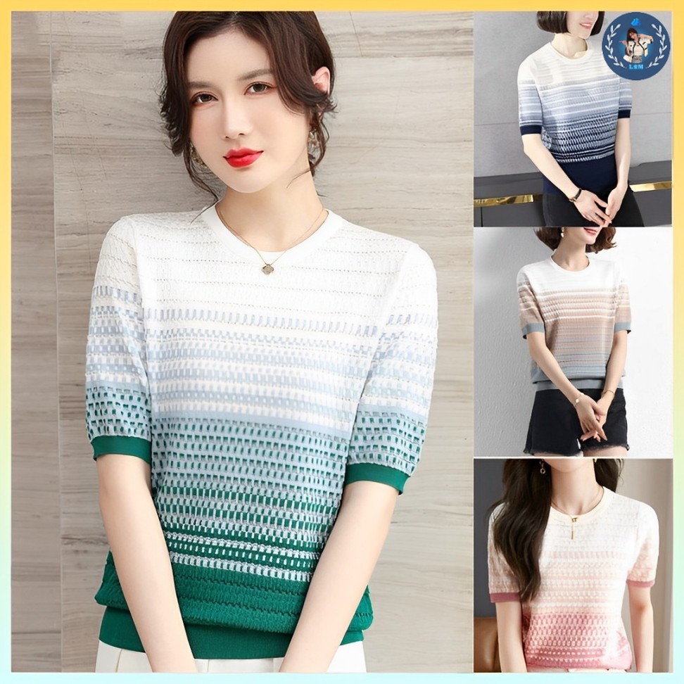 ????[A248] Áo len QC Montoghi dệt kim KẺ CARO TƯỜNG phối MÀU LOANG tay ngắn cổ tròn sang trọng - L2M