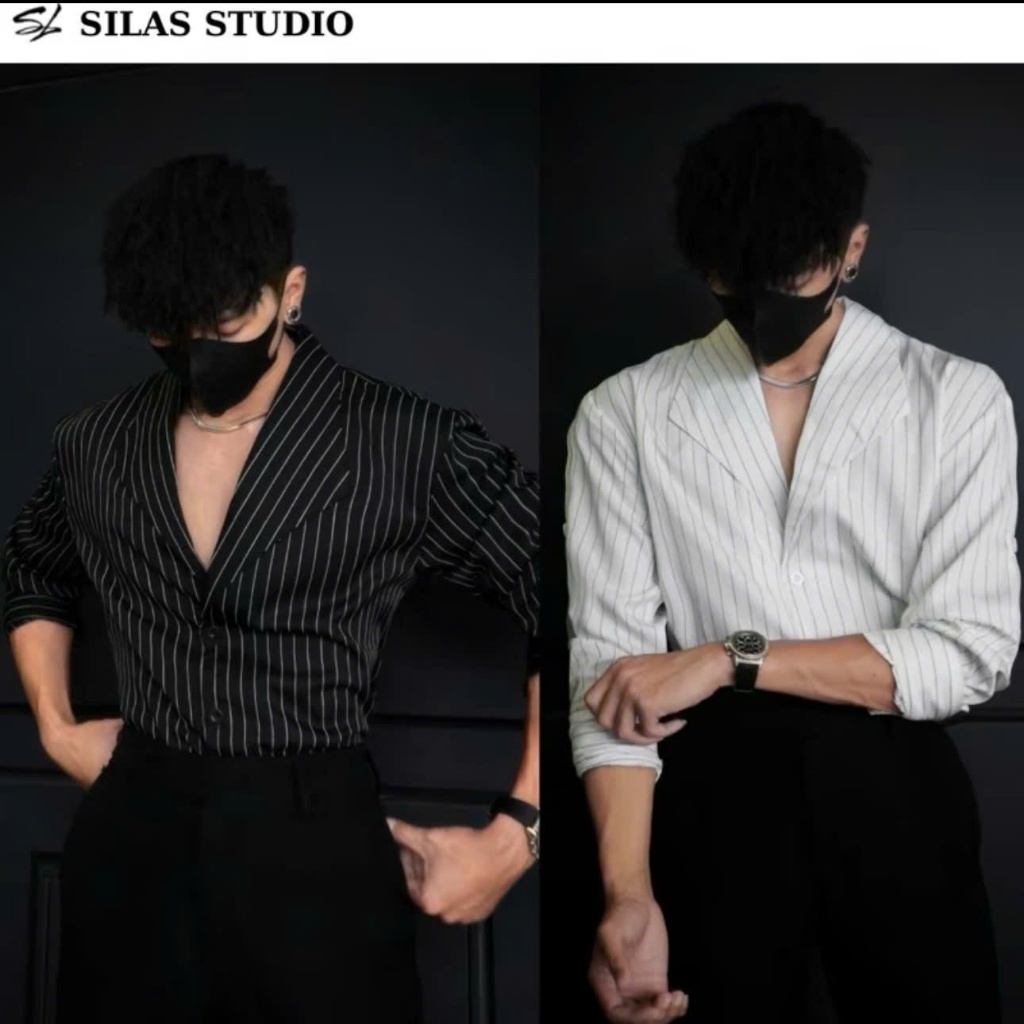 Áo Sơ mi nam tay dài Form Cổ Vest Silas Artist Kaki Cotton Kẻ Sọc Nhỏ Menswear Form Rộng Mặc Mát