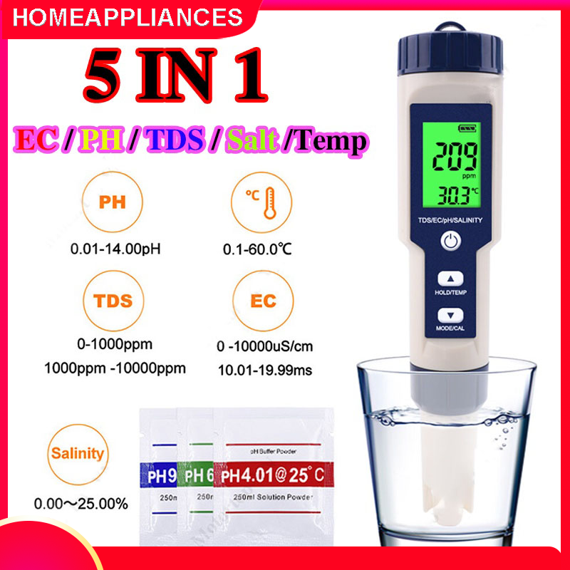 Bút đo độ mặn của nước 5 trong 1 pH/TDS/EC/độ mặn/nhiệt độ kèm pH chuẩn （Gửi đi miễn phí Pin）HomeAid Bút Kiểm Tra Độ PH/TDS/EC/Độ MặN/Nhiệt