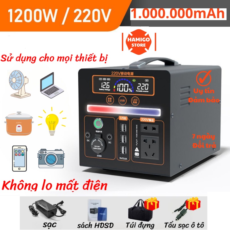 Máy Phát Điện Di Động 220V/1200W - Trạm Sạc Dự Phòng Nhiều Cổng Usb Dùng Cho Quạt, Tivi,thắp sáng