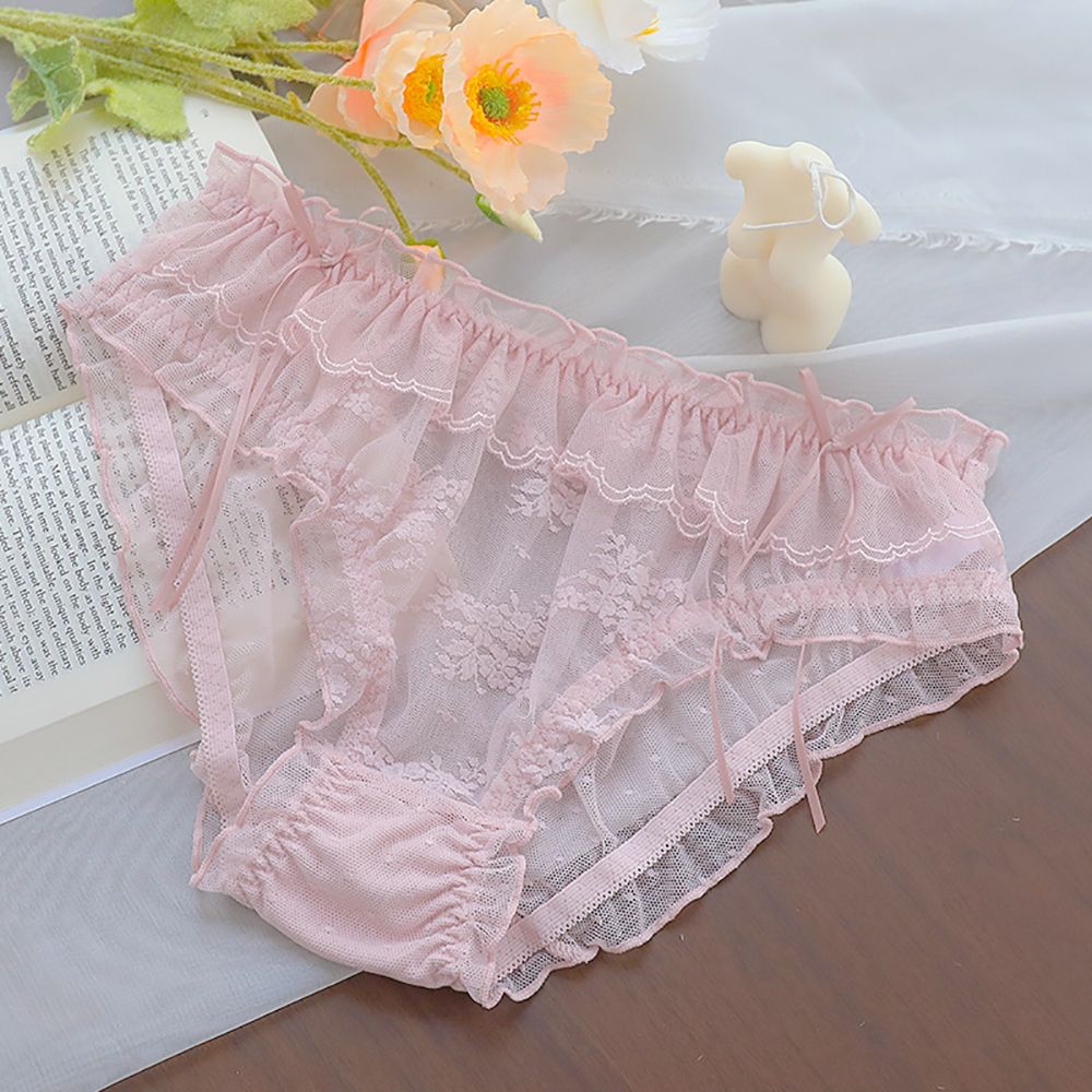 Jubeng Kawaii Thoáng Khí đồ lót đáng yêu nút thắt nơ Cô Gái Hoa phong cách Lolita Ruffle Cạnh Áo Lót Lưới Quần Lót Ren Tóm Tắt Phụ Nữ Quần Lót