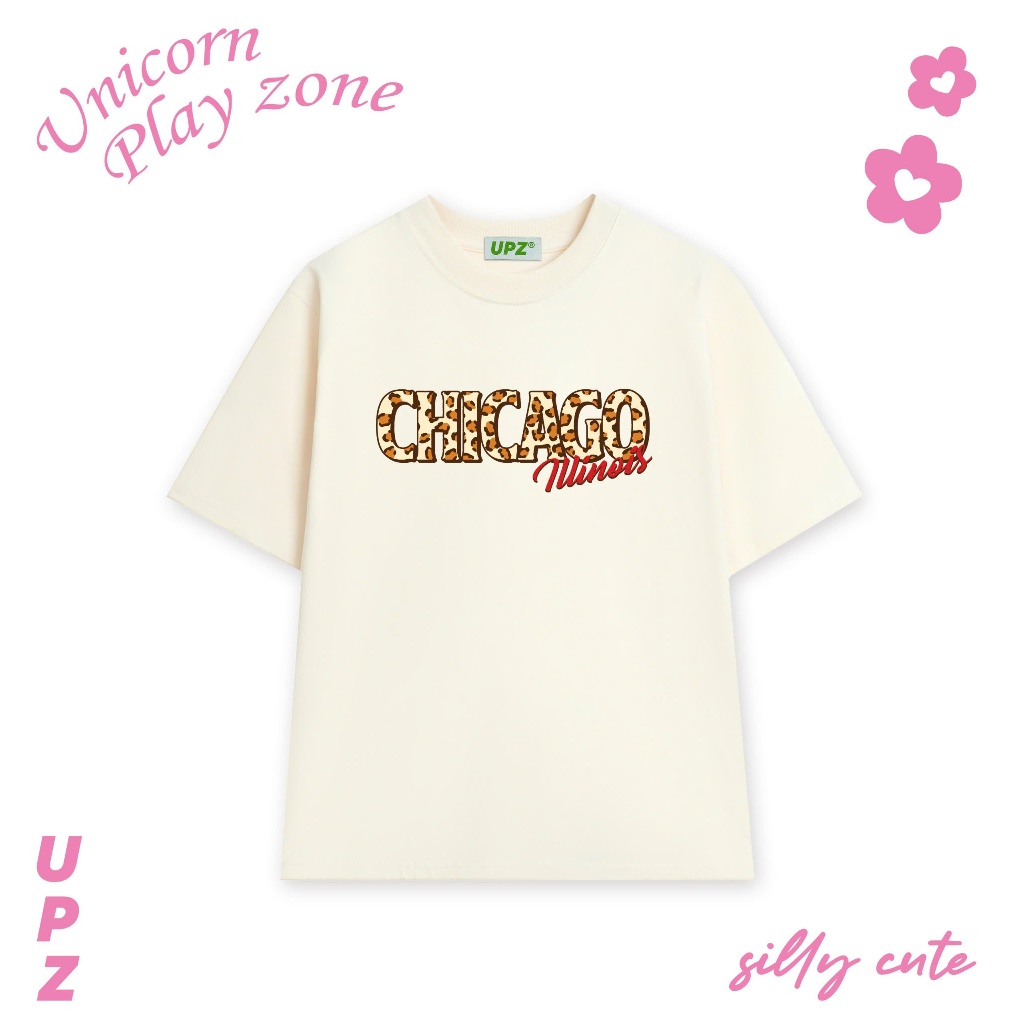 UPZ Áo Thun Cotton Tay Ngắn Cổ Tròn Unisex In Họa Tiết Da Báo CHICAGO (Đen/ Kem)