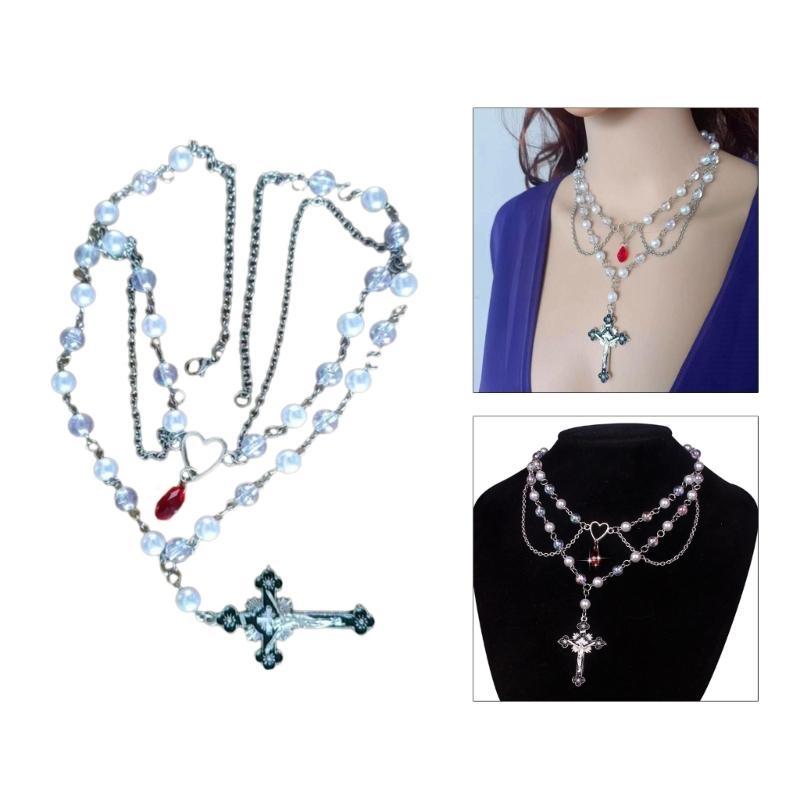 Victoria Gothic vượt qua Dây chuyền chuỗi tràng hạt với chuỗi quyến rũ handmade thiêng liêng ngọc trai giả đính cườm nhiều lớp Vòng cổ