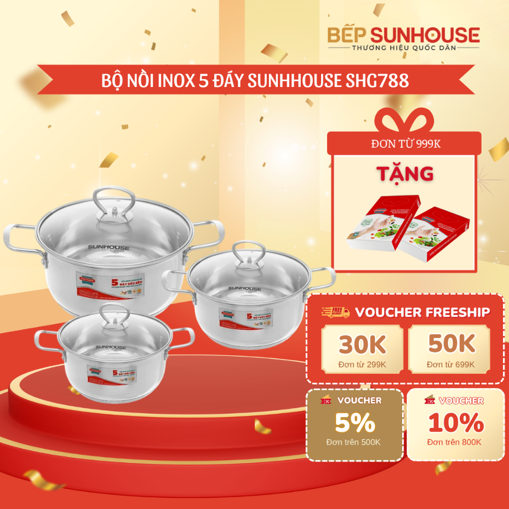 BỘ NỒI INOX 5 ĐÁY SUNHOUSE SHG788 - Dùng mọi loại bếp tỏa nhiệt đều giữ nhiệt tốt