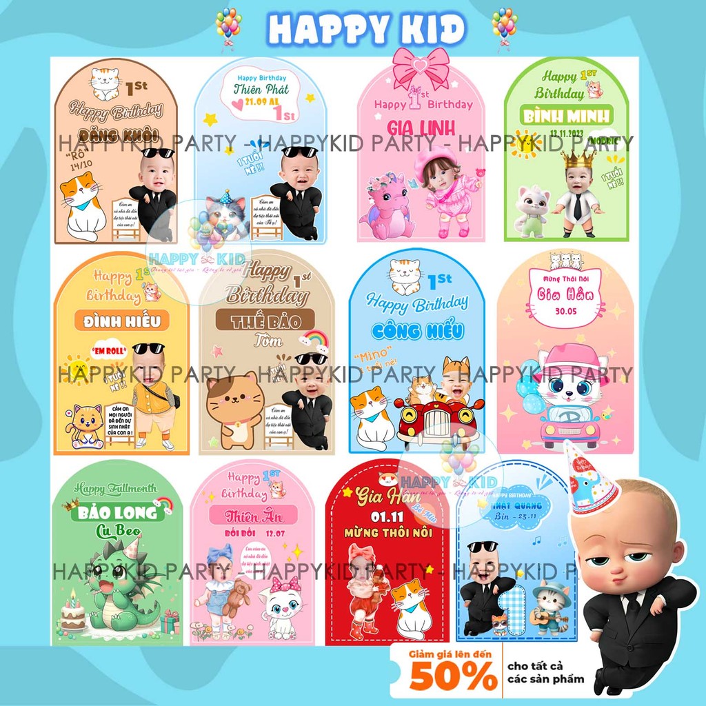 Phông bạt backdrop thiết kế theo yêu cầu trang trí sinh nhật thôi nôi cho bé trai bé gái BDSN HAPPYKIDPARTY