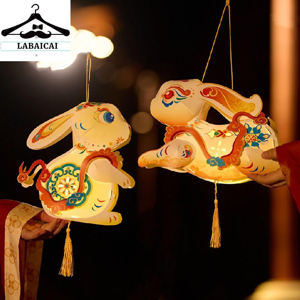 LABAICAI Thủ công truyền thống Đèn lồng thỏ Trung Quốc Di động Chúc may mắn Đèn lồng thỏ cầm tay Gói vật liệu DIY với tua rua Đồ chơi đèn LED Lễ hội mùa thu giữa năm