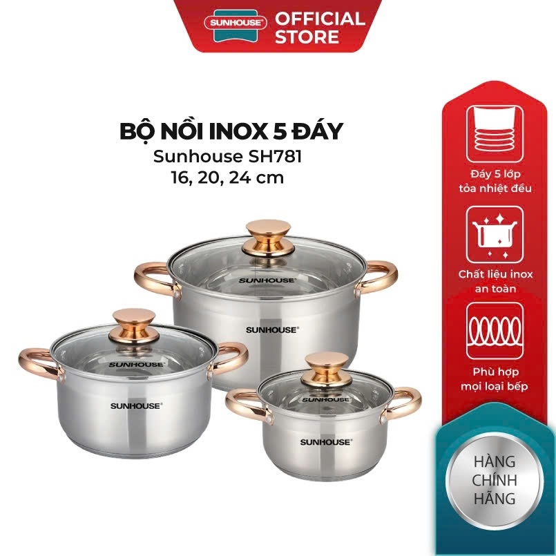 Bộ Nồi Inox 5 Đáy SUNHOUSE SH781 Đáy từ, sử dụng được trên mọi loại bếp  Đường Kính 16cm-20cm-24cm
