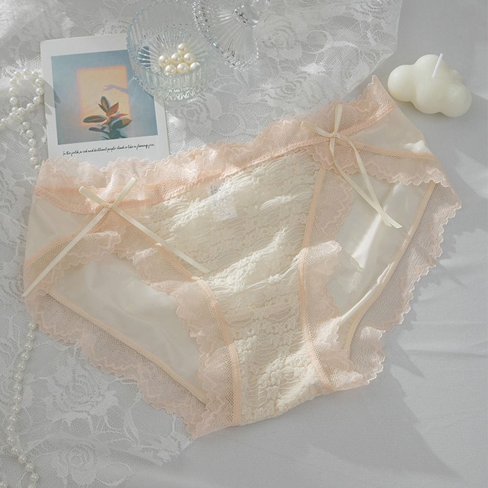 Jubeng quần lót thoải mái xuyên thấu thoáng khí Quần lót lưới Bow Jacquard eo vừa ruffles quần lót ren traceless Quần Lót Phụ Nữ nội y nữ