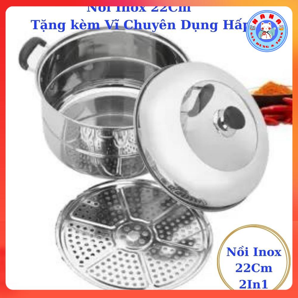 Nồi inox 22cm đáy sâu- chất liệu inox sáng bóng và dày dặn- tặng kèm vĩ  hấp tiện Dụng- Nồi inox 22cm 2 trong 1 nhỏ gọn tiện lợi cho mọi gia đình.