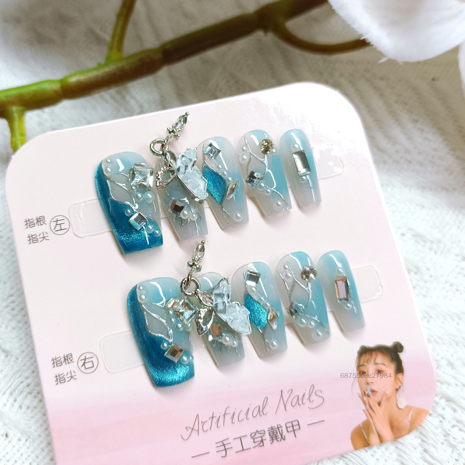 Móng tay nhân tạo màu xanh thủ công Ngón tay ngọt ngào và quyến rũ có thể tái sử dụng móng tay cho váy cô gái nóng bỏng phù hợp JS-043-VN