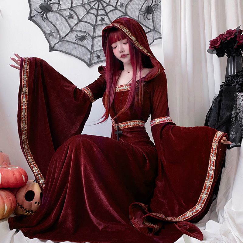 Halloween Costume Medieval Retro Court European Vampire Little Red Riding Hood Female Witch Dress Long Dress