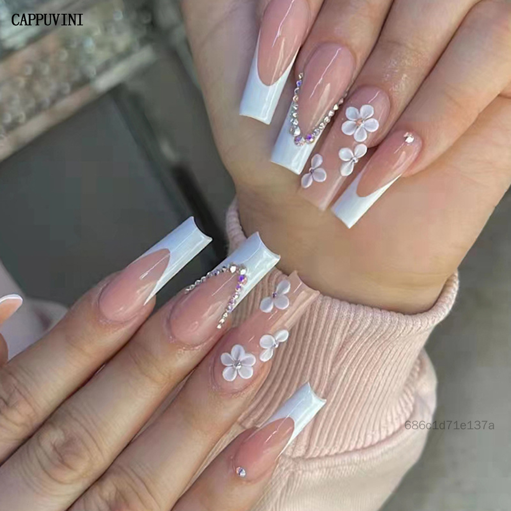 Trang trí hoa màu trắng làm móng tay nhẹ có độ bền mỏng đầy đủ móng tay cho trang phục đi kèm phù hợp với aioo-vn