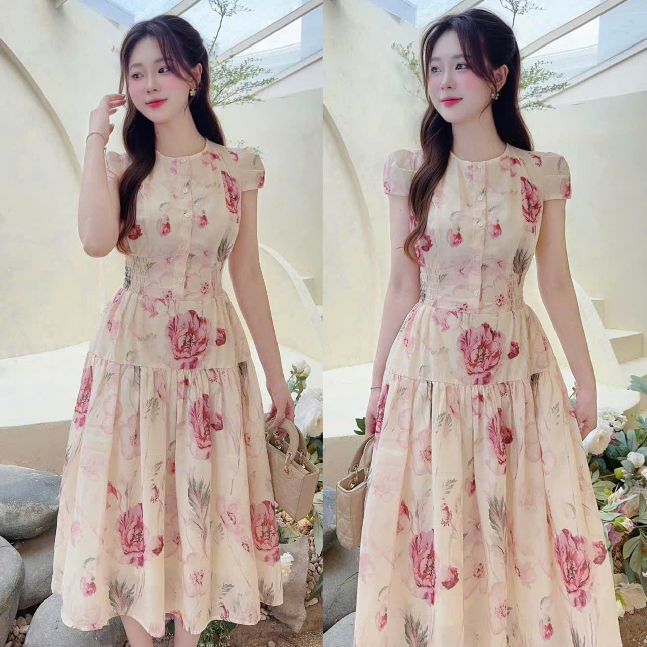 Đầm Xòe In Hoa 3D Tay Ngắn Đính Hàng Nút Giữa Chạy Mocking Eo Cực Kì Sang Chảnh , Đi Chơi , Đi Tiệc