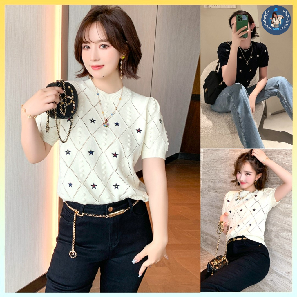????[A203] Áo len thun Montoghi dệt kim thêu SAO BIỂN tay ngắn phối gân quả trám độc đáo xinh xắn - L2M