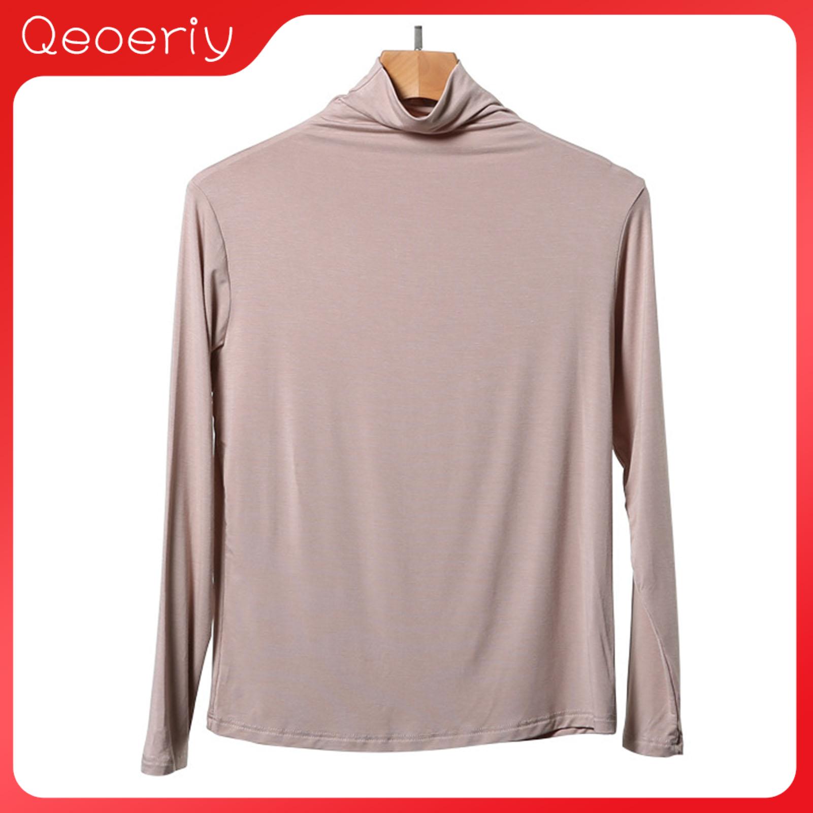 Qeoeriy áo tay áo dài cổ cao cho nữ áo Áo phông hiệu Modal dáng rộng thu đông một màu thời trang đường phố áo thun co giãn mùa thu