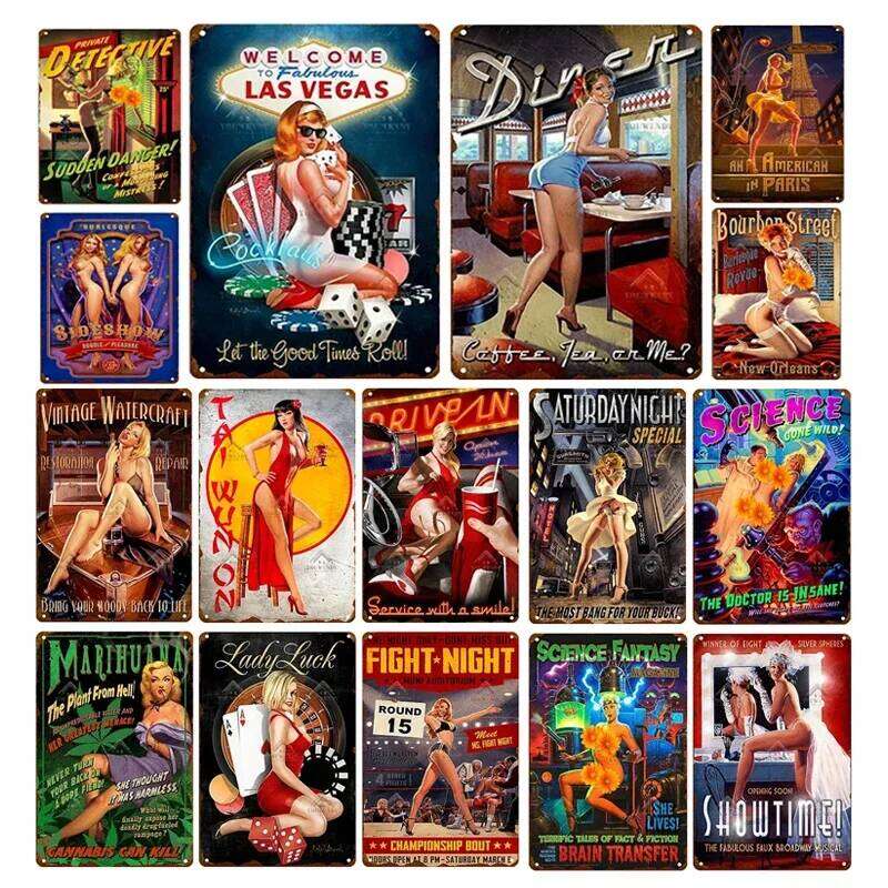 Las Vegas Beautiful Girl Wall Sign Metal Poster Man Cave's Wall Stickers Tinplate Painting Sexy Women Photo Bar Decor Plaques