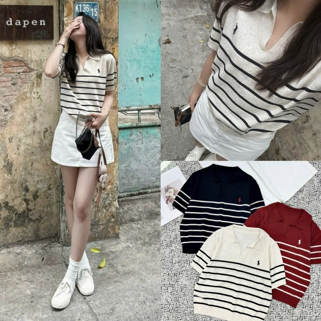Áo Len Dệt Kẻ Sọc Cổ PoLo Họa Tiết Thêu Ngựa Xinh Xắn Phong Cách Hàn Quốc Vibe Nhẹ Nhàng Vintage Tối Giản, Tiểu Thư