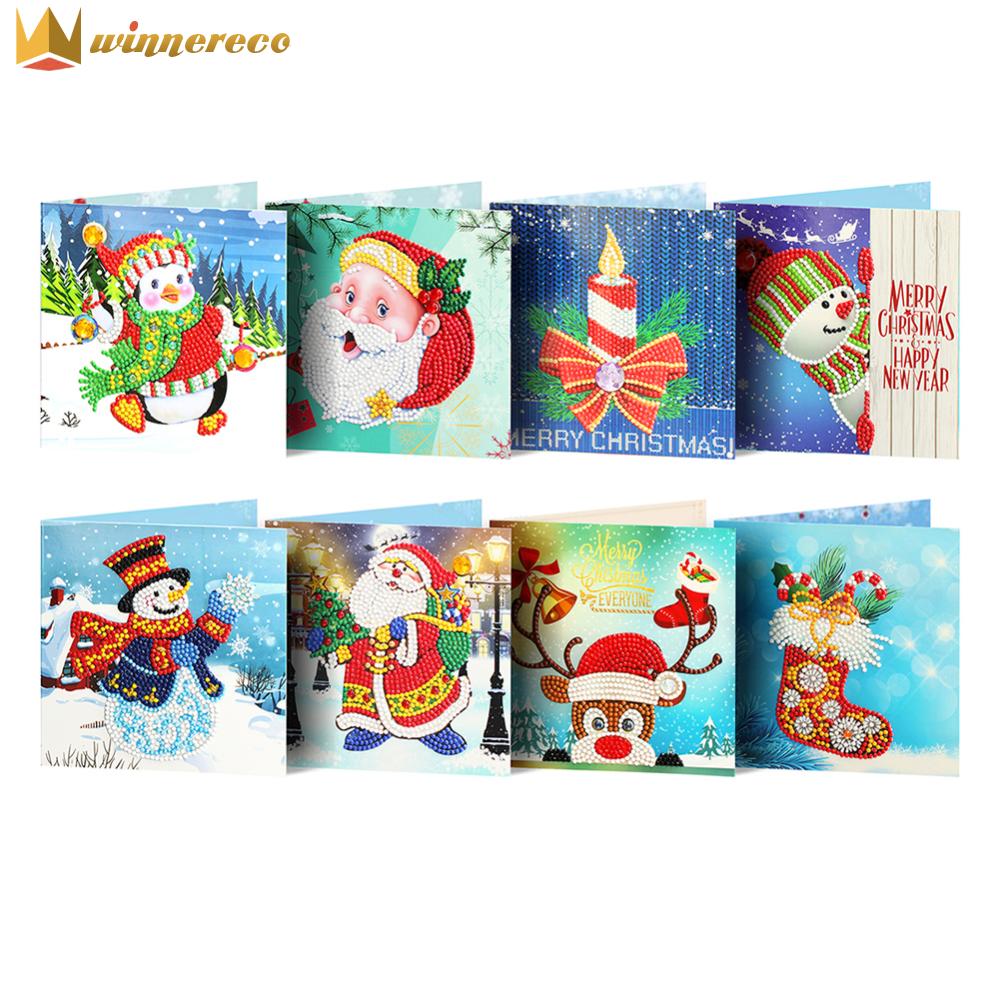 [Nóng] 8 cái bức tranh Kim Cương giáng sinh bưu thiếp giáng sinh Khung tranh thêu giáng sinh thiệp chúc mừng bức tranh kim cương tự làm 5D thủ công nghệ thuật 15x15cm cho lễ hội sinh nhật